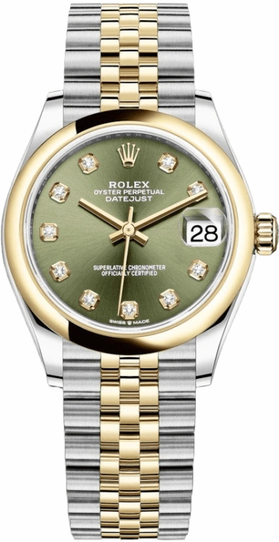 Rolex,Datejust 31 31mm,31mm,Yellow Gold,Stainless Steel,Green,Automatic,Day,55hours,278243,278243-0030