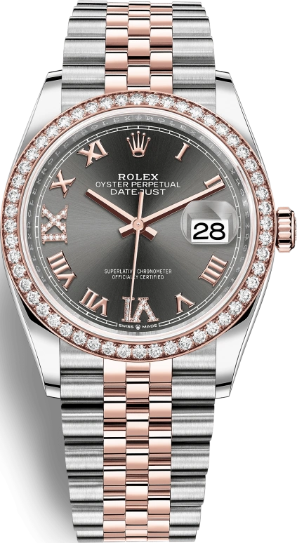 Rolex,Datejust 36 36mm,36mm,Rose Gold,Stainless Steel,Grey,Automatic,Day,70hours,126281RBR,126281RBR-0011