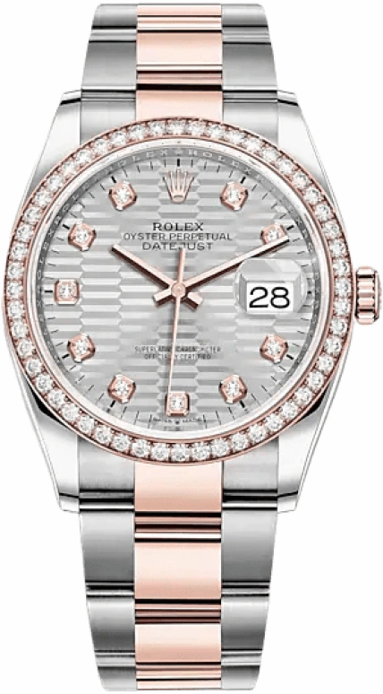 Rolex,Datejust 36 36mm,36mm,Rose Gold,Stainless Steel,Silver,Automatic,Day,70hours,126281RBR,126281RBR-0028