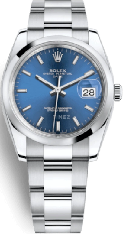 Rolex,Date 34mm,34mm,Stainless Steel,Blue,Automatic,Day,48hours,115200,115200-0007