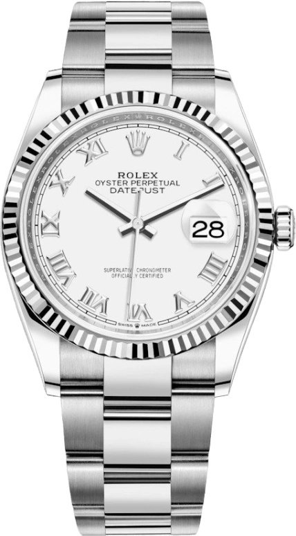 Rolex,Datejust 36 36mm,36mm,White Gold,Stainless Steel,White,Automatic,Day,70hours,126234,126234-0026