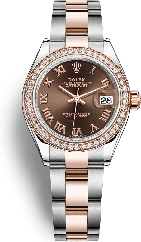 Rolex,Lady-Datejust 28mm,28mm,Rose Gold,Stainless Steel,Brown,Chocolate,Automatic,Day,55hours,279381RBR,279381RBR-0010