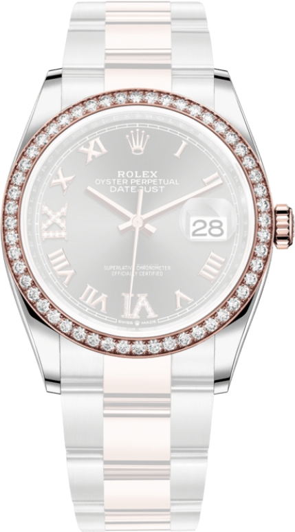 Rolex,Datejust 36 36mm,36mm,Rose Gold,Stainless Steel,Grey,Automatic,Day,70hours,126281RBR,126281RBR-0012