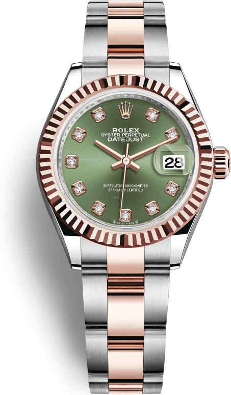 Rolex,Lady-Datejust 28mm,28mm,Rose Gold,Stainless Steel,Green,Automatic,Day,55hours,279171,279171-0008