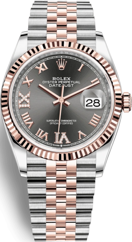 Rolex,Datejust 36 36mm,36mm,Rose Gold,Stainless Steel,Grey,Automatic,Day,70hours,126231,126231-0023