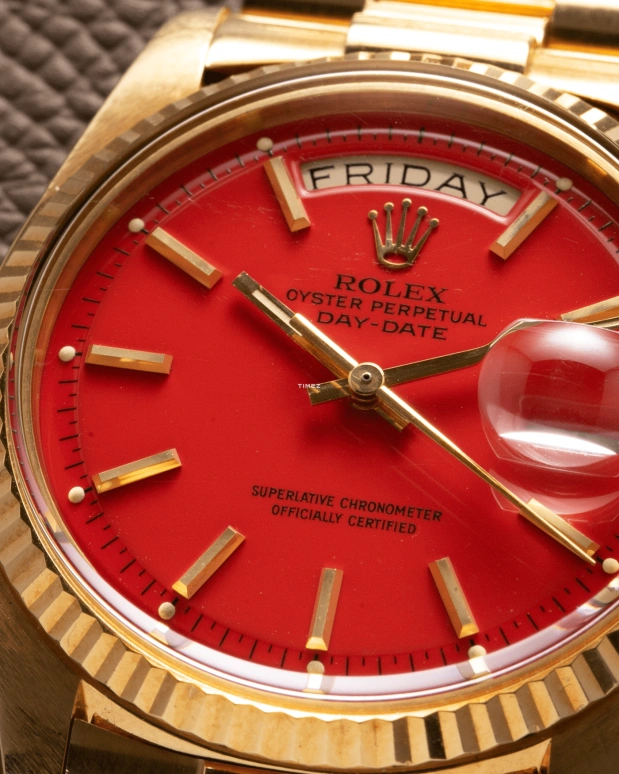 Rolex,Day-Date 36 36mm,36mm,Yellow Gold,Red,Automatic,Date,Day,1803 Stella Coral Red President