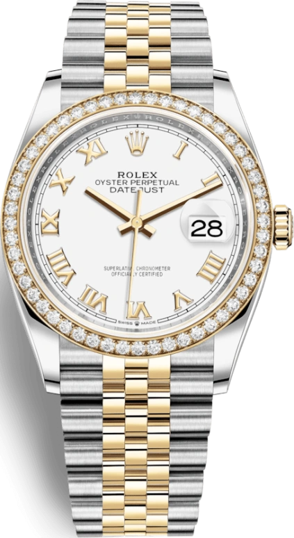 Rolex,Datejust 36 36mm,36mm,Yellow Gold,Stainless Steel,White,Automatic,Day,70hours,126283RBR,126283RBR-0015