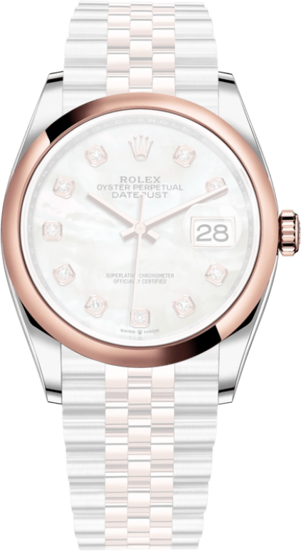 Rolex,Datejust 36 36mm,36mm,Rose Gold,Stainless Steel,White,Automatic,Day,70hours,126201,126201-0021
