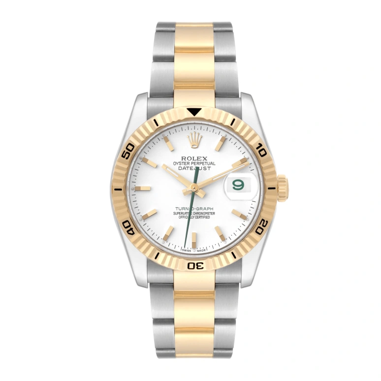 Rolex,Datejust 36 36mm,36mm,Stainless Steel,Yellow Gold,White,Automatic,Day,48hours,116263 Turn,116263 Turn-O-Graph white Oyster Green Hand