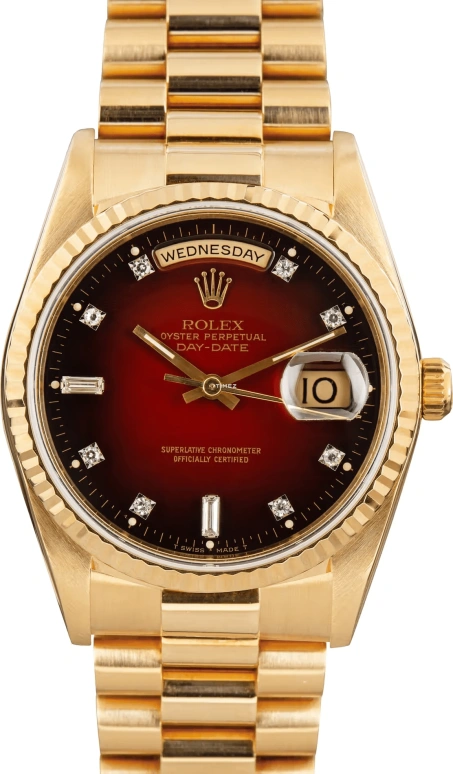 Rolex,Day-Date 36 36mm,36mm,Yellow Gold,Brown,Gradient,Black,Automatic,Date,Day,18238 Brown Vignette Dial