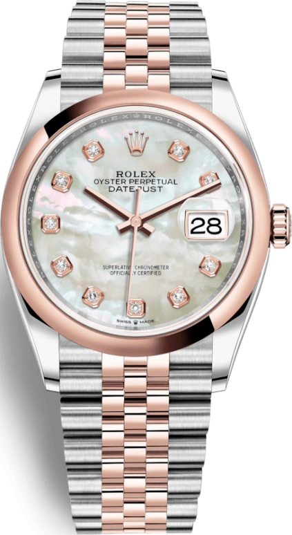 Rolex,Datejust 36 36mm,36mm,Rose Gold,Stainless Steel,White,Automatic,Day,70hours,126201,126201-0021