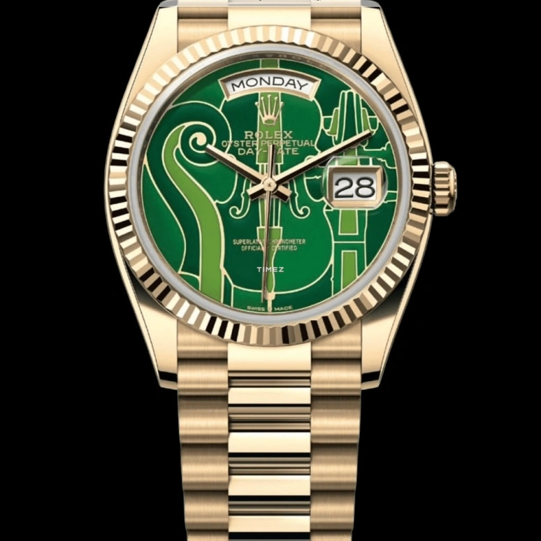 Rolex,Day-Date 36 36mm,36mm,Yellow Gold,Green,Automatic,Date,Day,Vienna Philharmonic