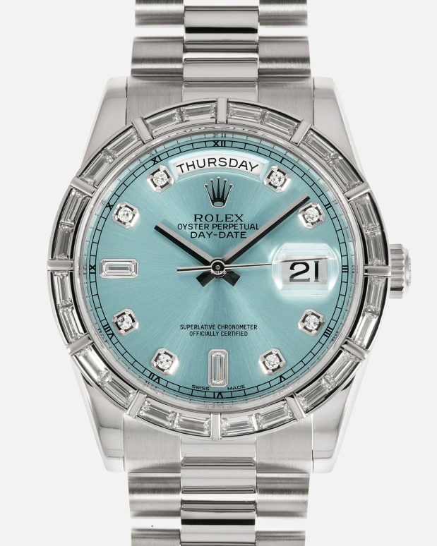Rolex,Day-Date 36 36mm,36mm,Platinum,Ice Blue,Automatic,Date,Day,118366 Platinum Diamond