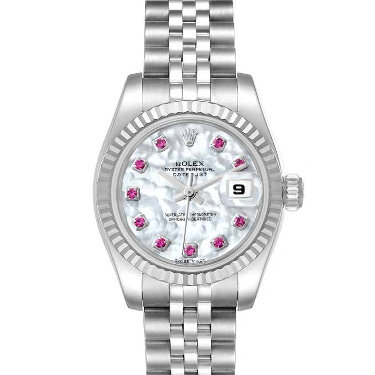 Rolex,Lady-Datejust 26mm,26mm,Stainless Steel,Silver White,White,Automatic,Day,48hours,179174 MOP Ruby