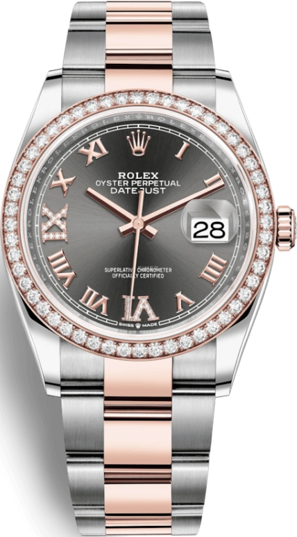Rolex,Datejust 36 36mm,36mm,Rose Gold,Stainless Steel,Grey,Automatic,Day,70hours,126281RBR,126281RBR-0012