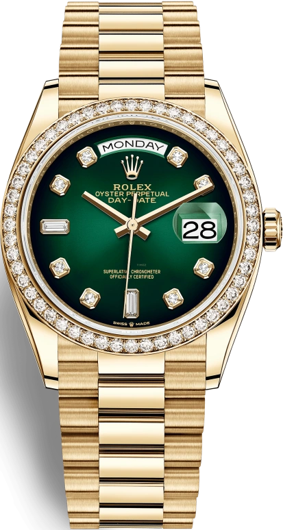 Rolex,Day-Date 36 36mm,36mm,Yellow Gold,Green,Automatic,Date,Day,128348RBR,128348RBR-0035