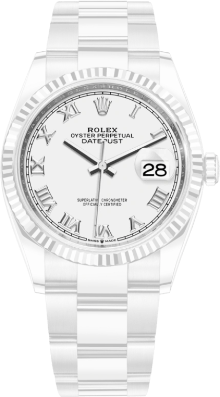 Rolex,Datejust 36 36mm,36mm,White Gold,Stainless Steel,White,Automatic,Day,70hours,126234,126234-0026