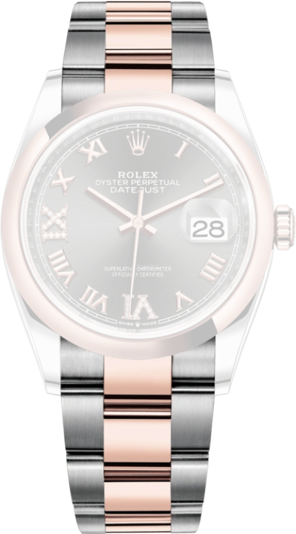 Rolex,Datejust 36 36mm,36mm,Rose Gold,Stainless Steel,Grey,Automatic,Day,70hours,126201,126201-0024