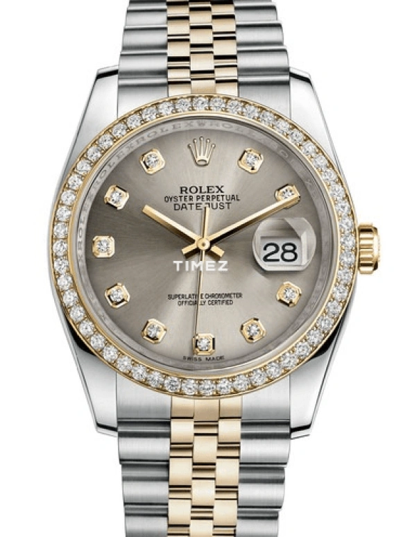 Rolex,Datejust 36 36mm,36mm,Yellow Gold,Stainless Steel,Grey,Automatic,Day,48hours,116243,116243-0023