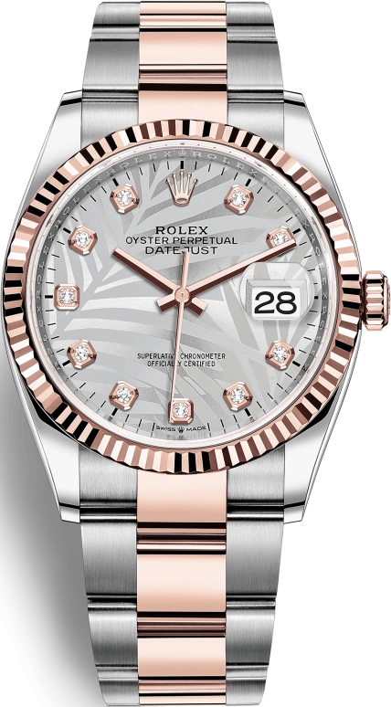 Rolex,Datejust 36 36mm,36mm,Rose Gold,Stainless Steel,Silver,Automatic,Day,70hours,126231,126231-0038