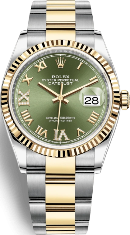Rolex,Datejust 36 36mm,36mm,Yellow Gold,Stainless Steel,Green,Automatic,Day,70hours,126233,126233-0026