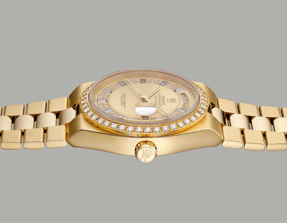 Rolex,Day-Date 36 36mm,36mm,Yellow Gold,Gold,Champagne,Quartz,Date,Day,19048,19048-Sapphire Diamond