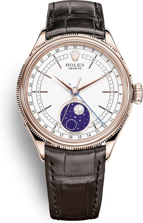Rolex,Cellini 39mm,39mm,Rose Gold,White,Automatic,Moonphase,Day,Karim Benzema,Quavo,50535,50535-0002