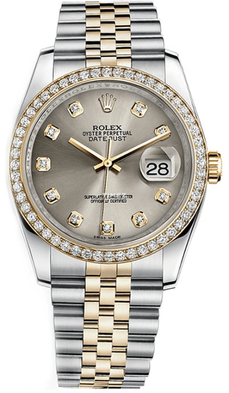 Rolex,Datejust 36 36mm,36mm,Yellow Gold,Stainless Steel,Grey,Automatic,Day,48hours,116243,116243-0023