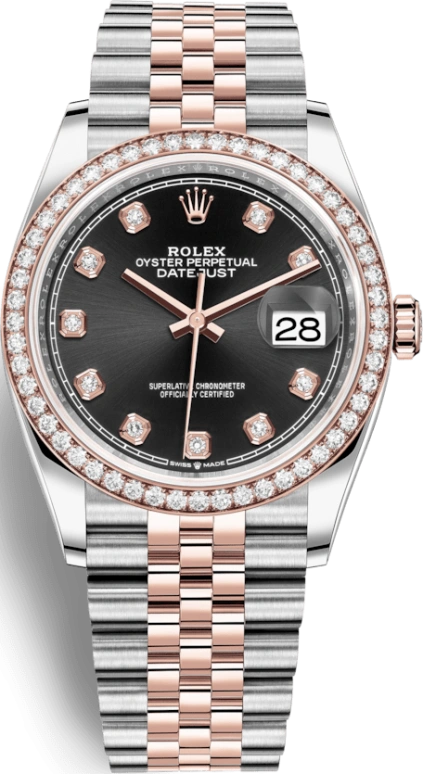 Rolex,Datejust 36 36mm,36mm,Rose Gold,Stainless Steel,Black,Automatic,Day,70hours,126281RBR,126281RBR-0007