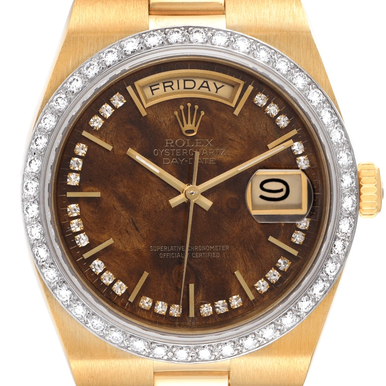 Rolex,Day-Date 36 36mm,36mm,Yellow Gold,Brown,Quartz,Date,Day,19048 Wood Diamond