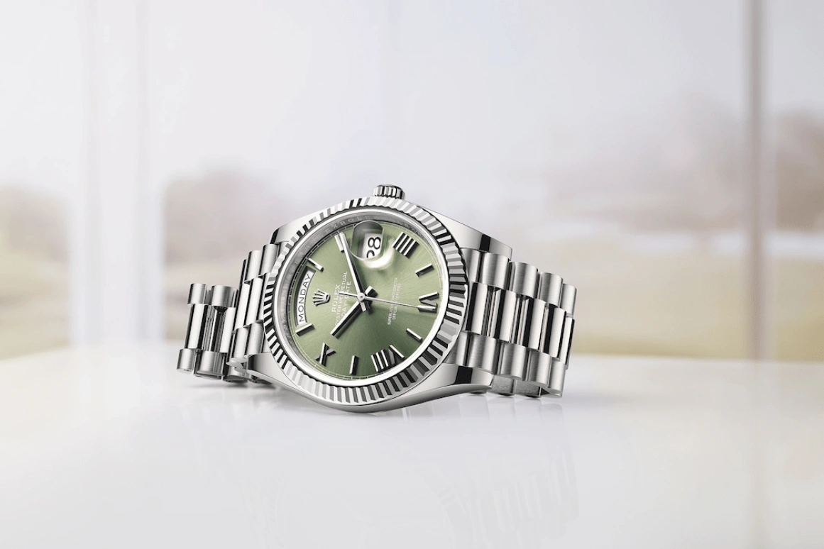 Rolex,Day-Date 40 40mm,40mm,White Gold,Green,Automatic,Date,Day,228239,228239-0033