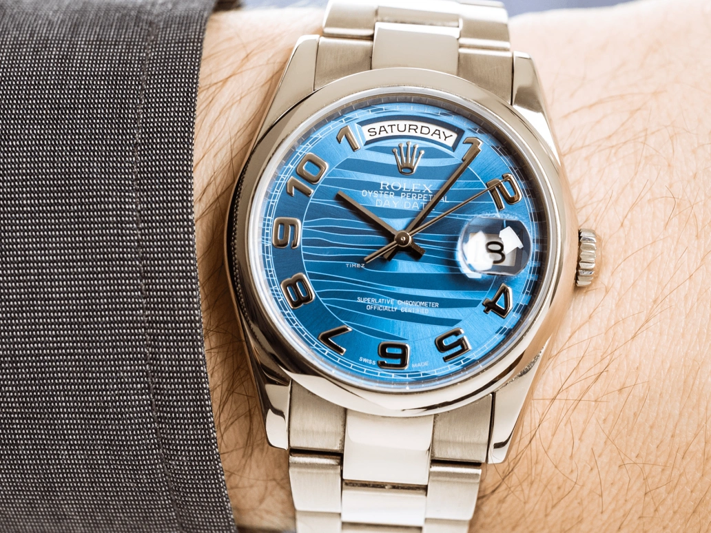 Rolex,Day-Date 36 36mm,36mm,White Gold,Blue,Automatic,Date,Day,118209,118209-Blue Wave