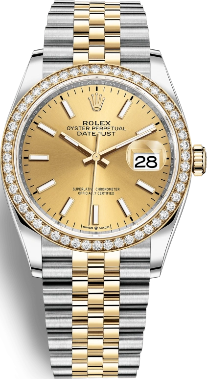 Rolex,Datejust 36 36mm,36mm,Yellow Gold,Stainless Steel,Champagne,Automatic,Day,70hours,126283RBR,126283RBR-0001