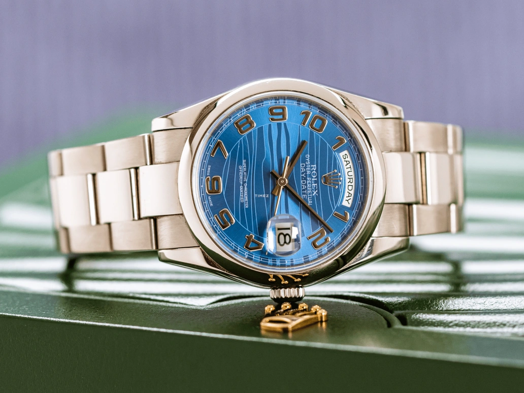 Rolex,Day-Date 36 36mm,36mm,White Gold,Blue,Automatic,Date,Day,118209,118209-Blue Wave
