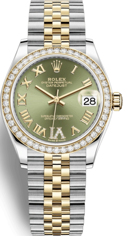 Rolex,Datejust 31 31mm,31mm,Yellow Gold,Stainless Steel,Green,Automatic,Day,55hours,278383RBR,278383RBR-0016