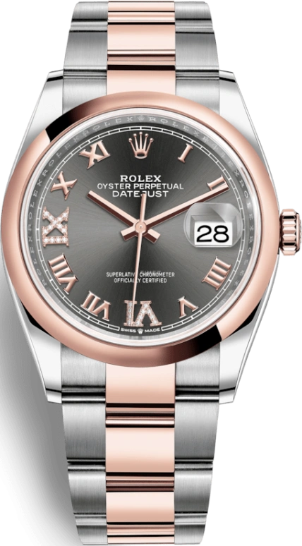 Rolex,Datejust 36 36mm,36mm,Rose Gold,Stainless Steel,Grey,Automatic,Day,70hours,126201,126201-0024