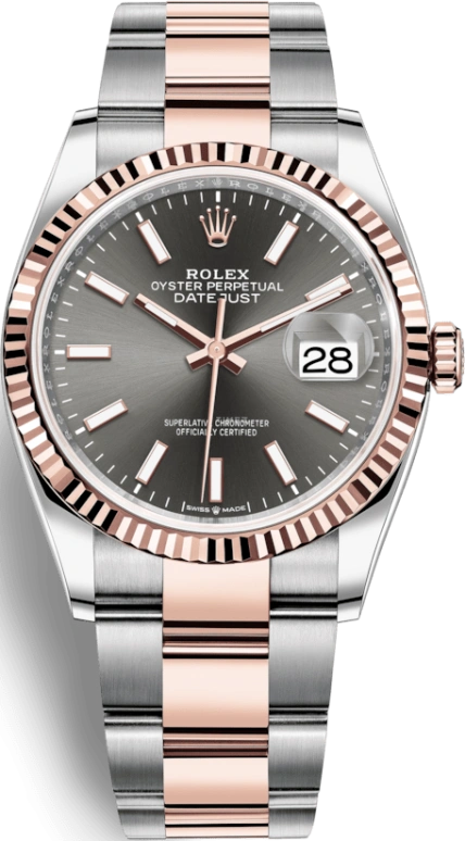 Rolex,Datejust 36 36mm,36mm,Rose Gold,Stainless Steel,Grey,Automatic,Day,70hours,126231,126231-0014