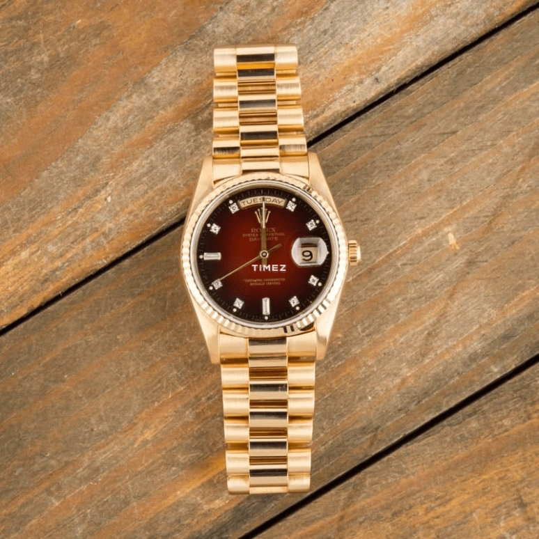Rolex,Day-Date 36 36mm,36mm,Yellow Gold,Brown,Gradient,Black,Automatic,Date,Day,18238 Brown Vignette Dial