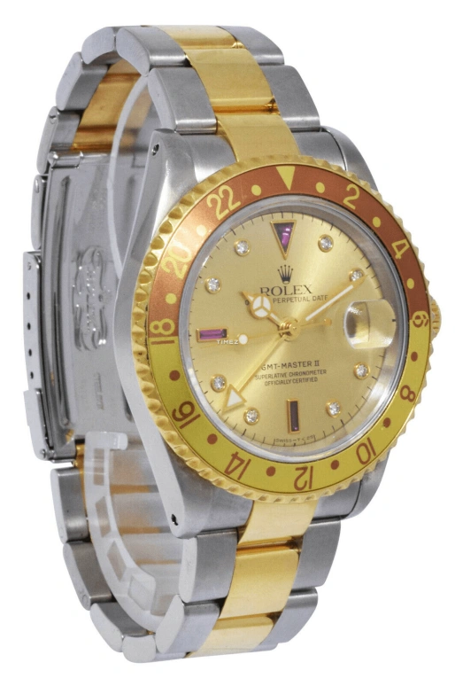 Rolex,GMT-Master II 40mm,40mm,Oystersteel,Yellow Gold,Gold,Automatic,Day,Dule Time,Jason Momoa,16713 ROOTBEER SERTI DIAL