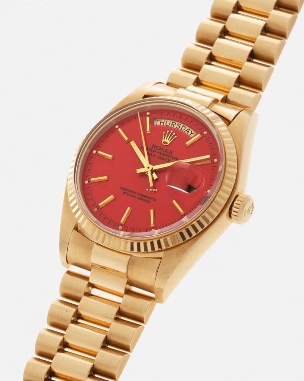 Rolex,Day-Date 36 36mm,36mm,Yellow Gold,Red,Automatic,Date,Day,1803 Stella Coral Red President