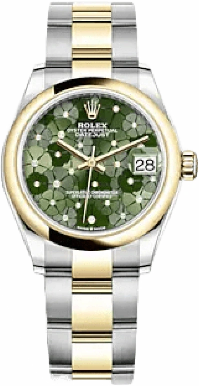 Rolex,Datejust 31 31mm,31mm,Yellow Gold,Stainless Steel,Green,Automatic,Day,55hours,278243,278243-0031
