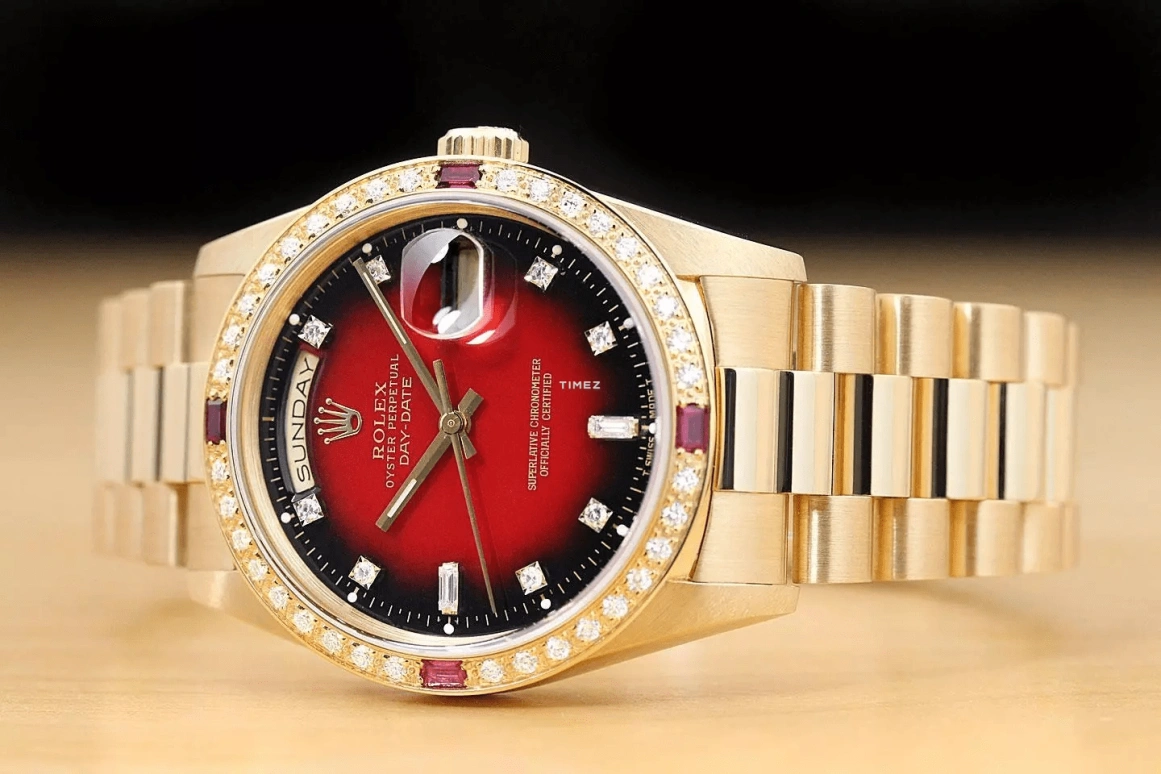 Rolex,Day-Date 36 36mm,36mm,Yellow Gold,Red,Black,Gradient,Automatic,Date,Day,18238 Ruby Diamond
