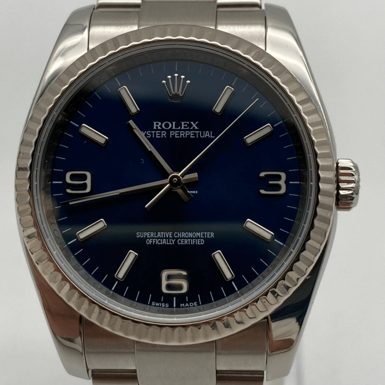 Rolex,Oyster Perpetual 36mm,36mm,Stainless Steel,White Gold,Blue,Automatic,48hours,In-house Caliber,116034,116034-0001