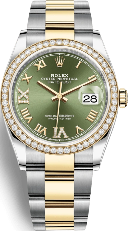 Rolex,Datejust 36 36mm,36mm,Yellow Gold,Stainless Steel,Green,Automatic,Day,70hours,126283RBR,126283RBR-0012