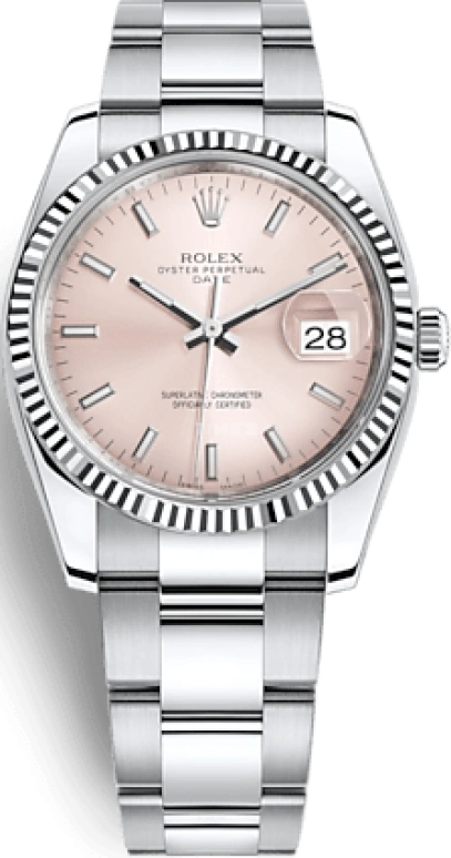 Rolex,Date 34mm,34mm,Stainless Steel,White Gold,Pink,Automatic,Day,48hours,115234,115234-0006