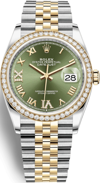 Rolex,Datejust 36 36mm,36mm,Yellow Gold,Stainless Steel,Green,Automatic,Day,70hours,126283RBR,126283RBR-0011