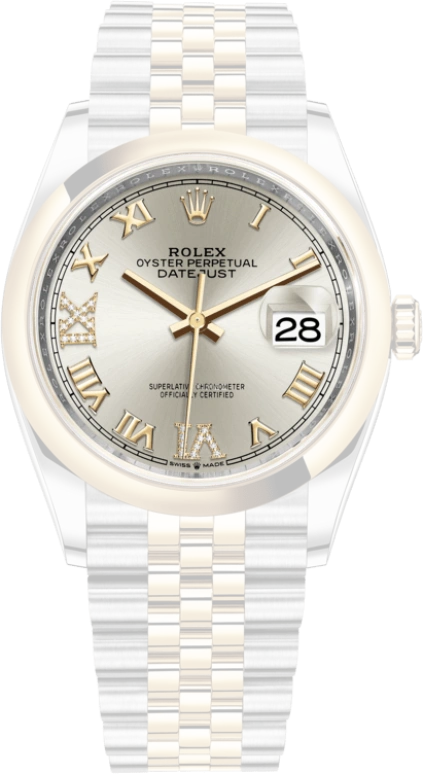 Rolex,Datejust 36 36mm,36mm,Yellow Gold,Stainless Steel,Silver,Automatic,Day,70hours,126203,126203-0031