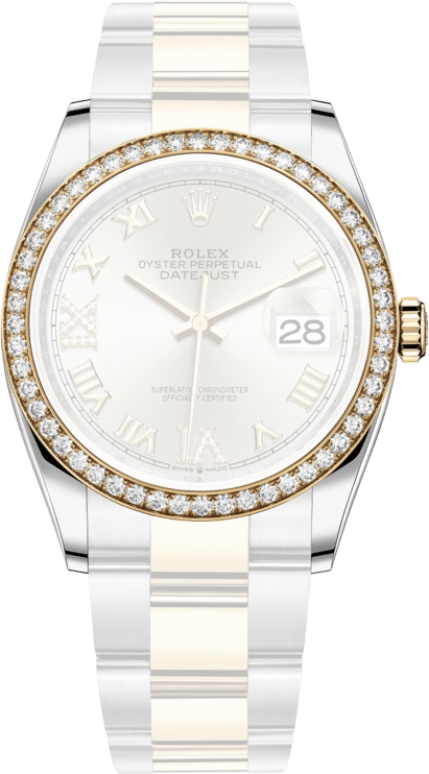 Rolex,Datejust 36 36mm,36mm,Yellow Gold,Stainless Steel,Silver,Automatic,Day,70hours,126283RBR,126283RBR-0018