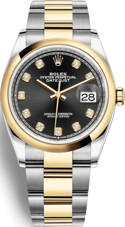 Rolex,Datejust 36 36mm,36mm,Yellow Gold,Stainless Steel,Black,Automatic,Day,70hours,126203,126203-0022