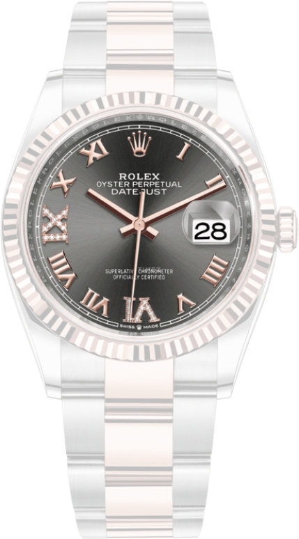 Rolex,Datejust 36 36mm,36mm,Rose Gold,Stainless Steel,Grey,Automatic,Day,70hours,126231,126231-0024